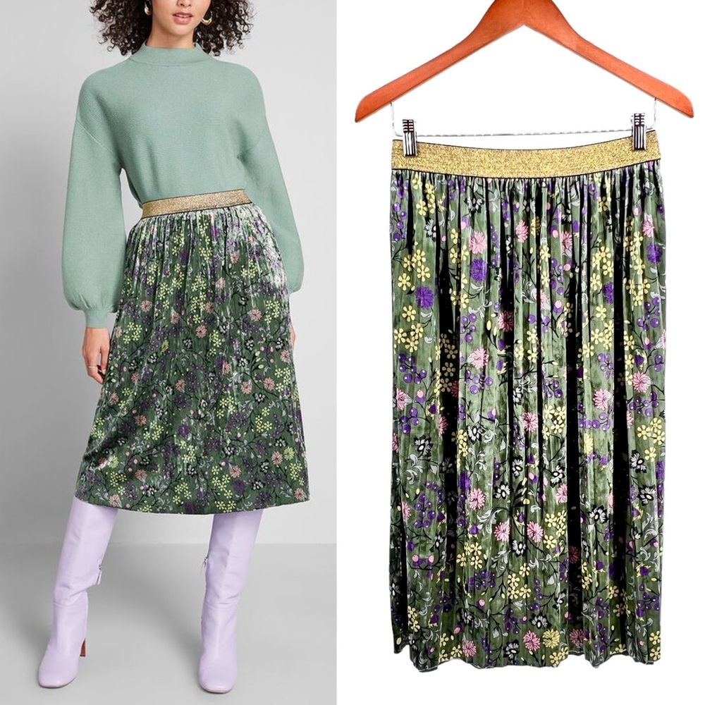 ModCloth Pleated Velvet Midi Skirt Medium Green Floral Gold Sparkle Waistband